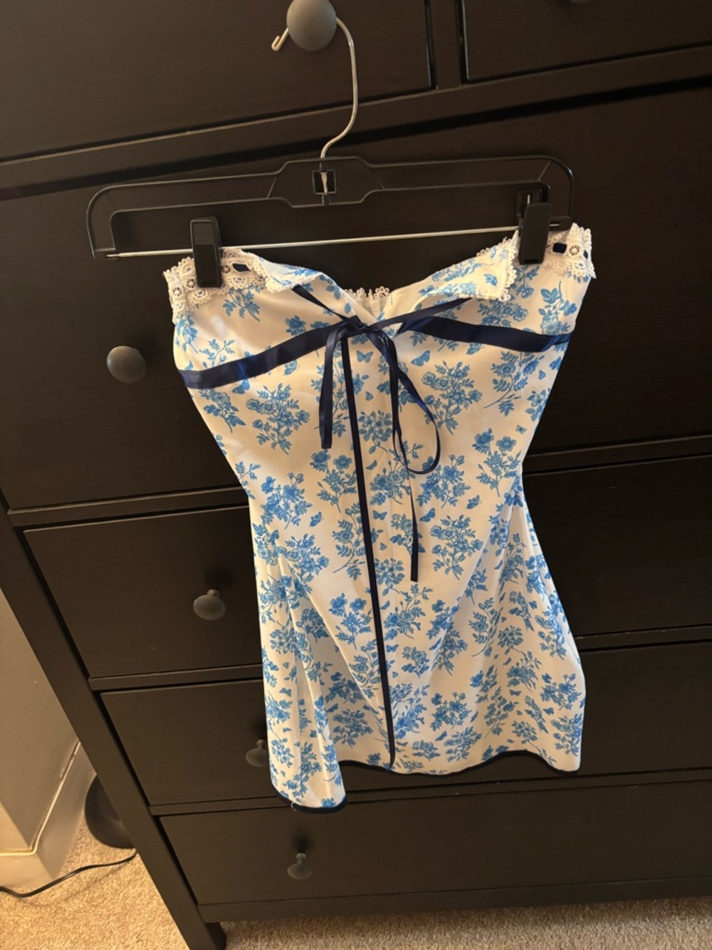 Blue Floral Lace Trim Slip Dress